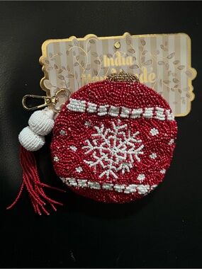 Beaded Red & White Snowflake Ornament Coin Purse Keychain